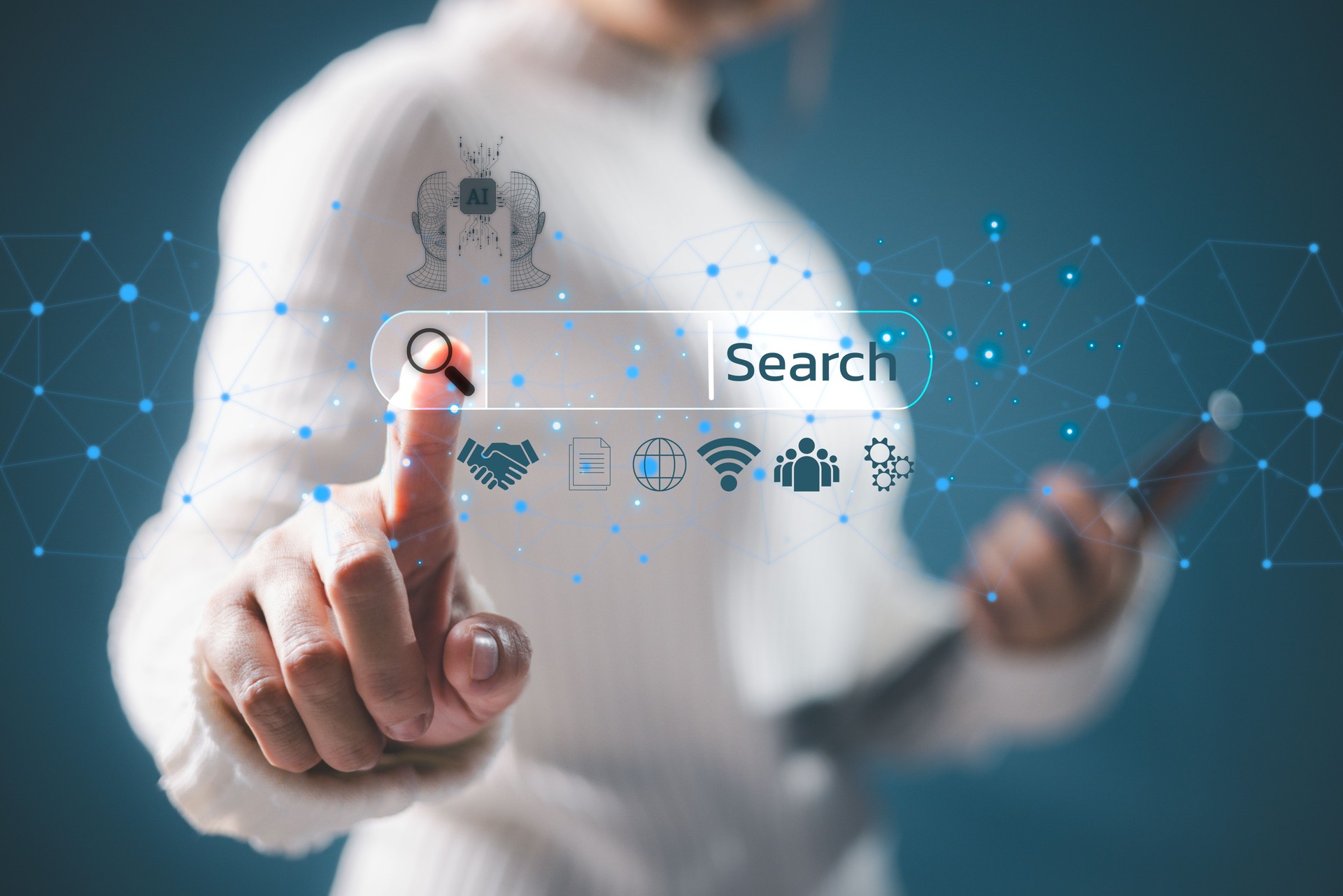 Search for SEO, business of design and technology, optimize social media icon for better visibility browser. Ai tech concept, search engine bar for data search optimization by artificial intelligence